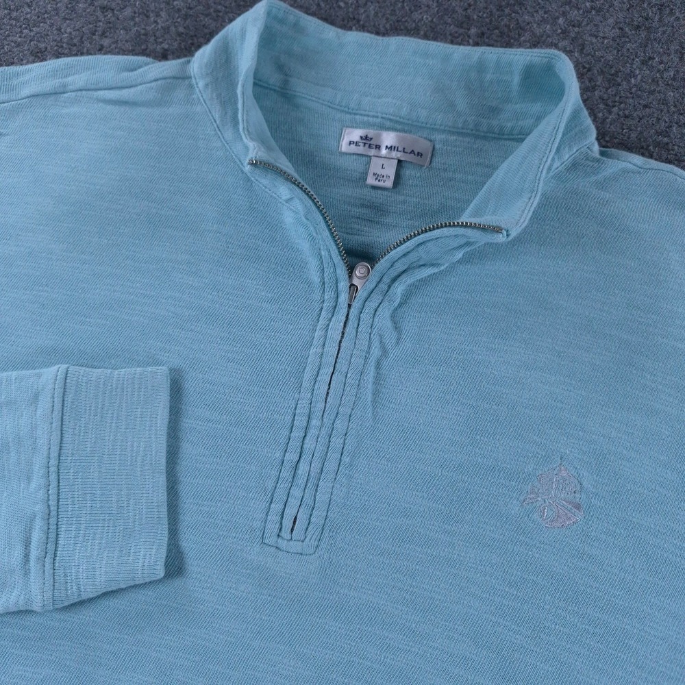 Peter Millar Mens Large Light Blue Cotton Slub Knit Quarter Zip Pullover MF18K29